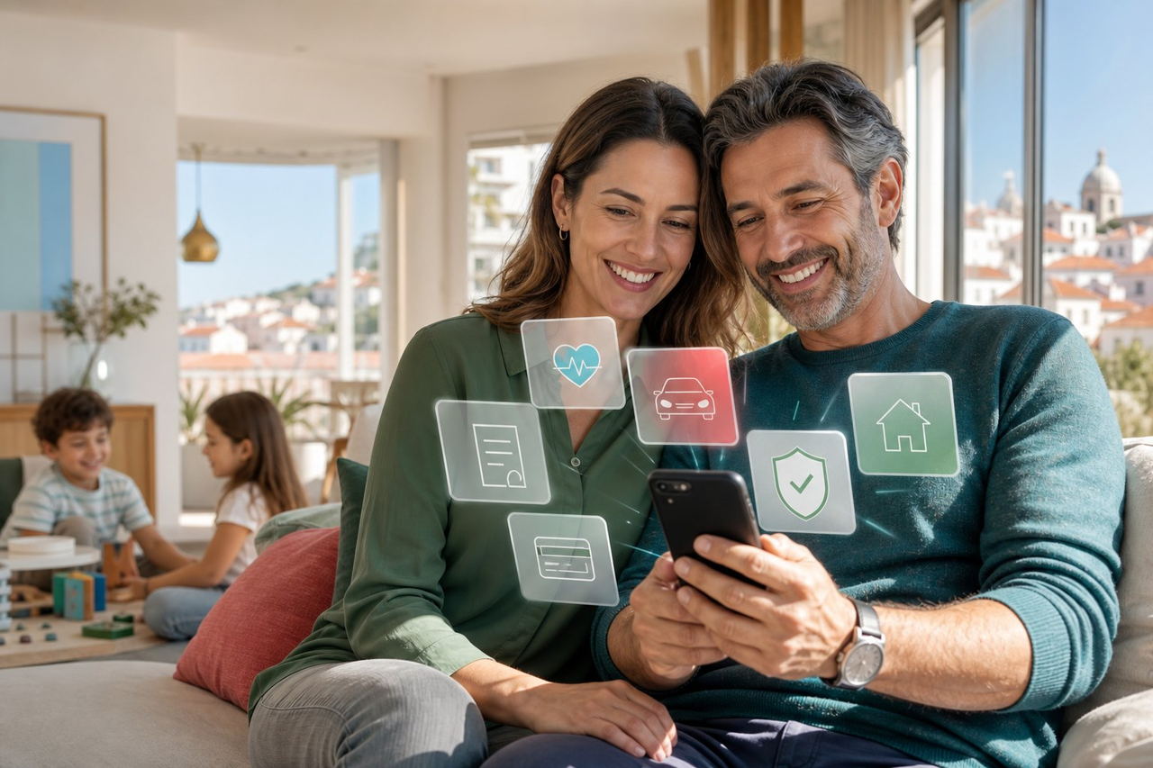 Família a utilizar aplicações de seguros e saúde no telemóvel