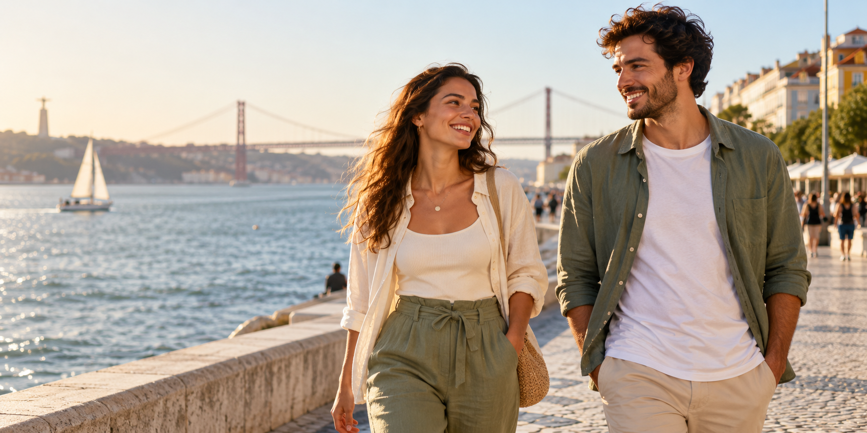 Two young adults beside the Tagus in Lisbon
