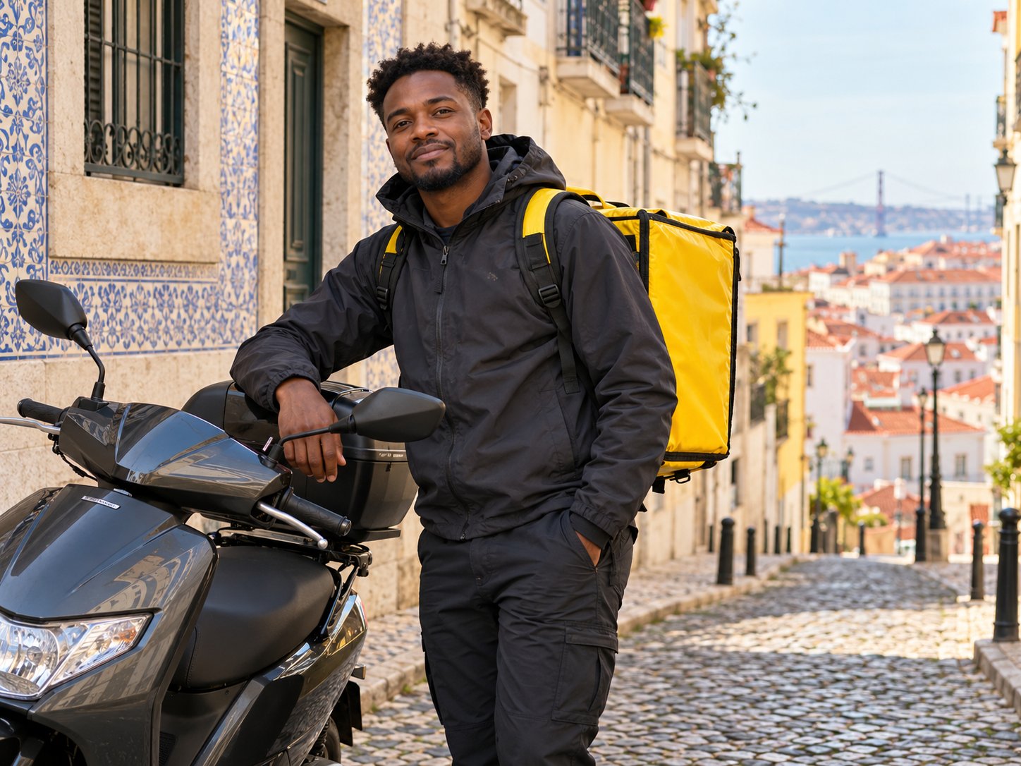 Delivery courier beside a scooter with a yellow delivery bag in Lisbon