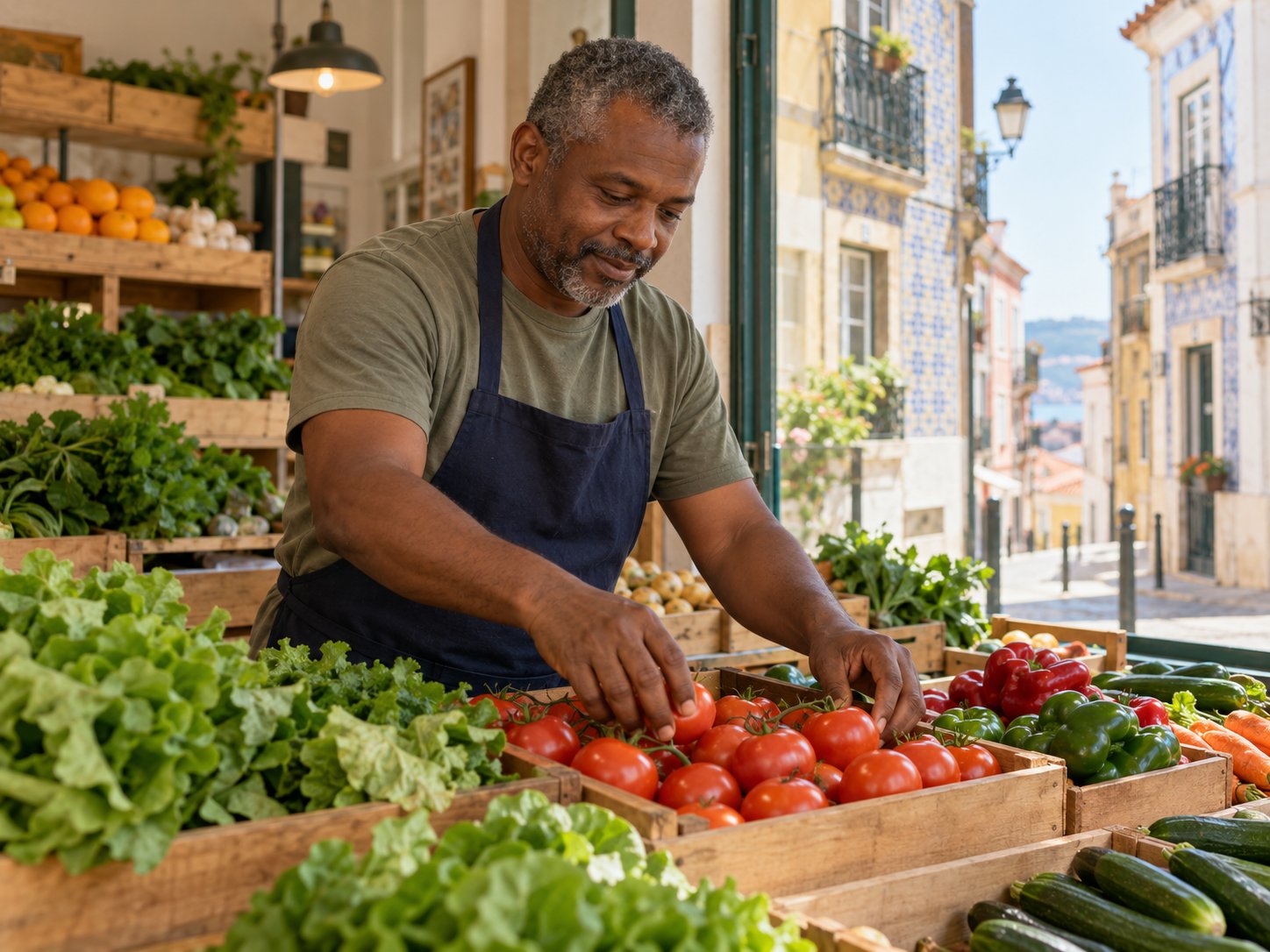 Grocery-shop worker arranging produce in Lisbon