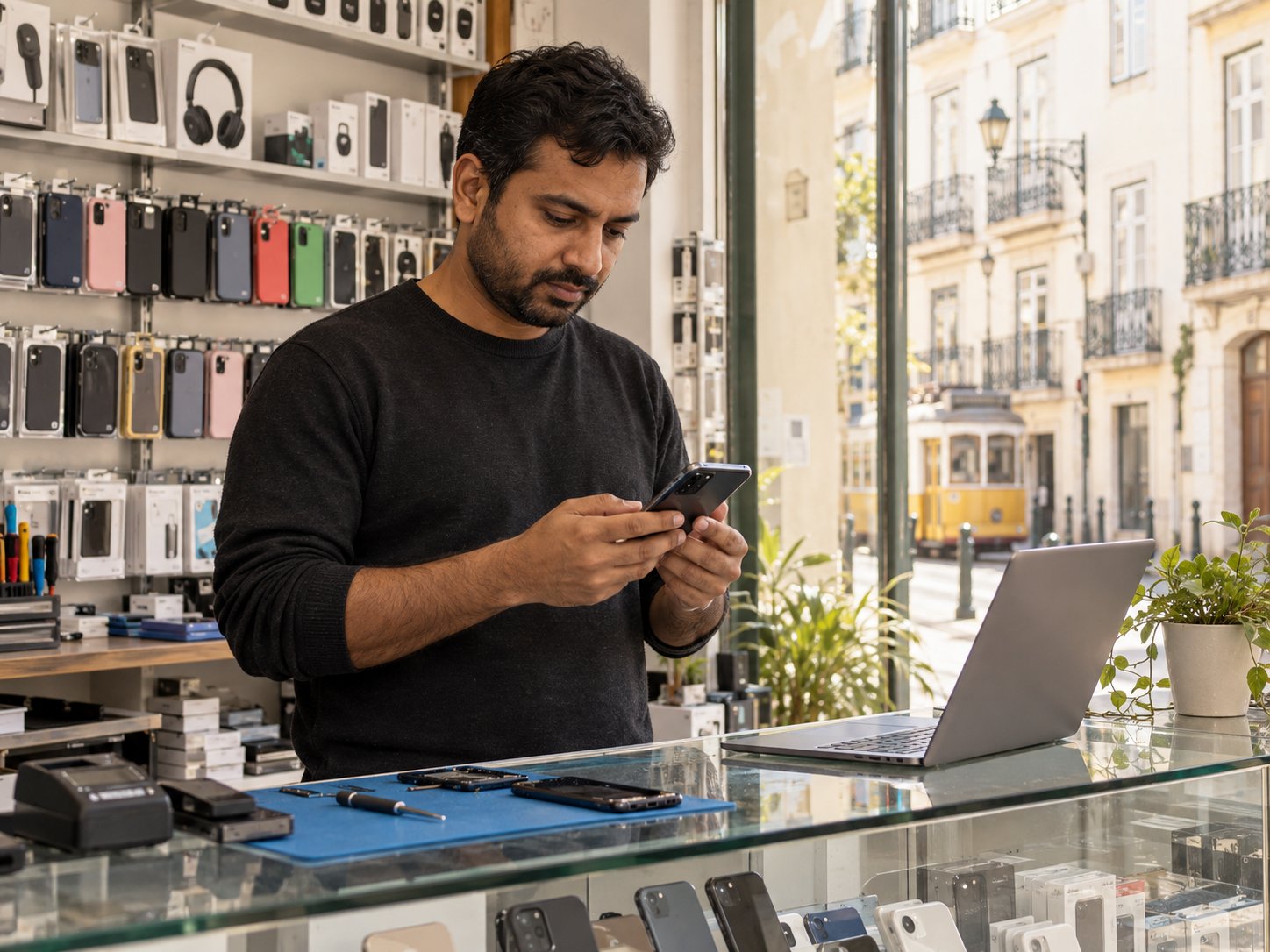 Mobile-phone shop worker checking a device in Lisbon