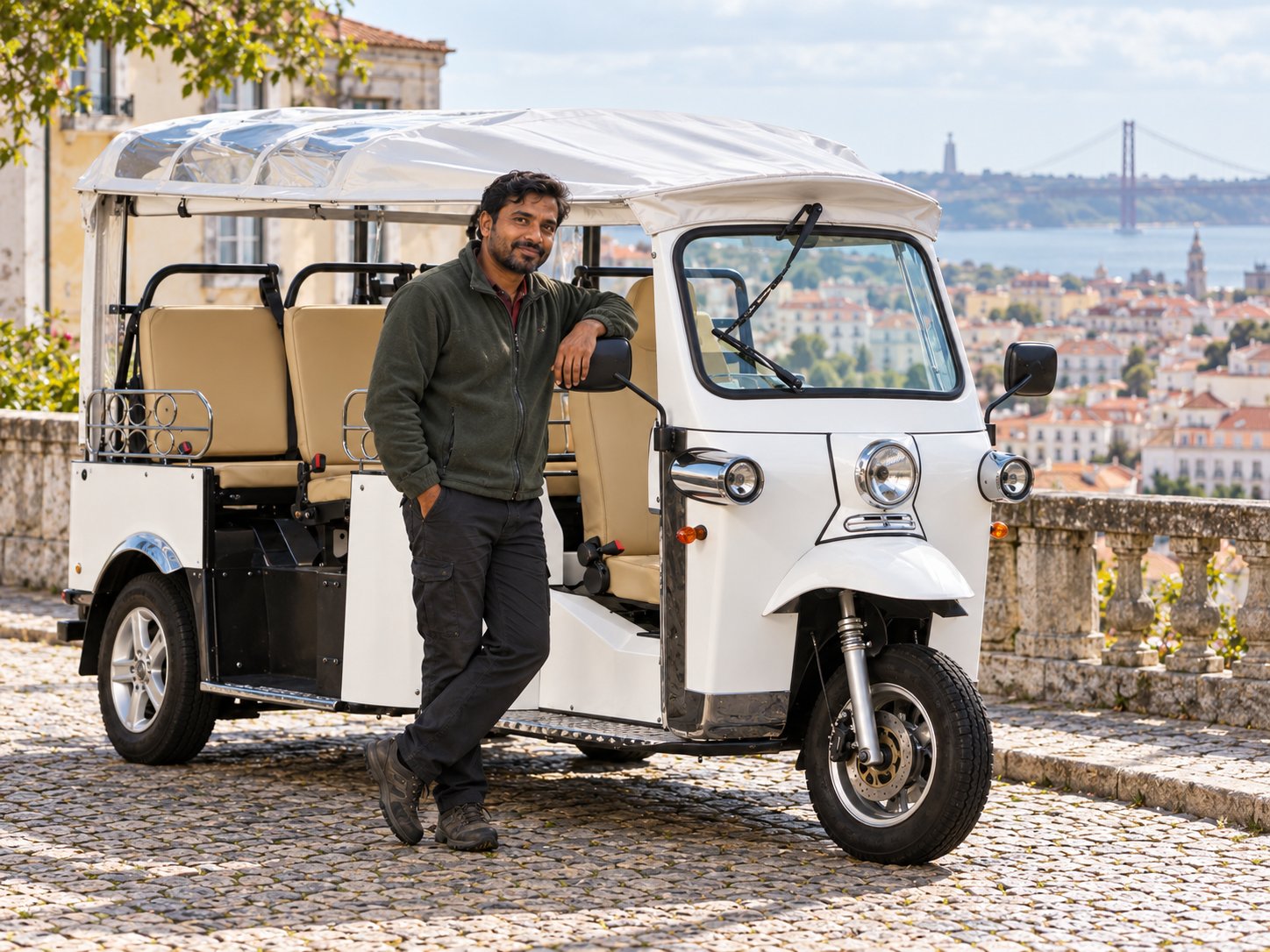 Tuk-tuk driver beside a modern electric passenger vehicle in Lisbon