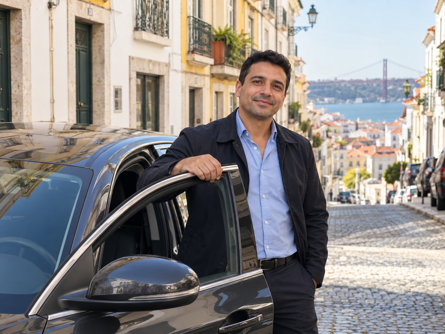 Ride-hailing driver beside his car in Lisbon