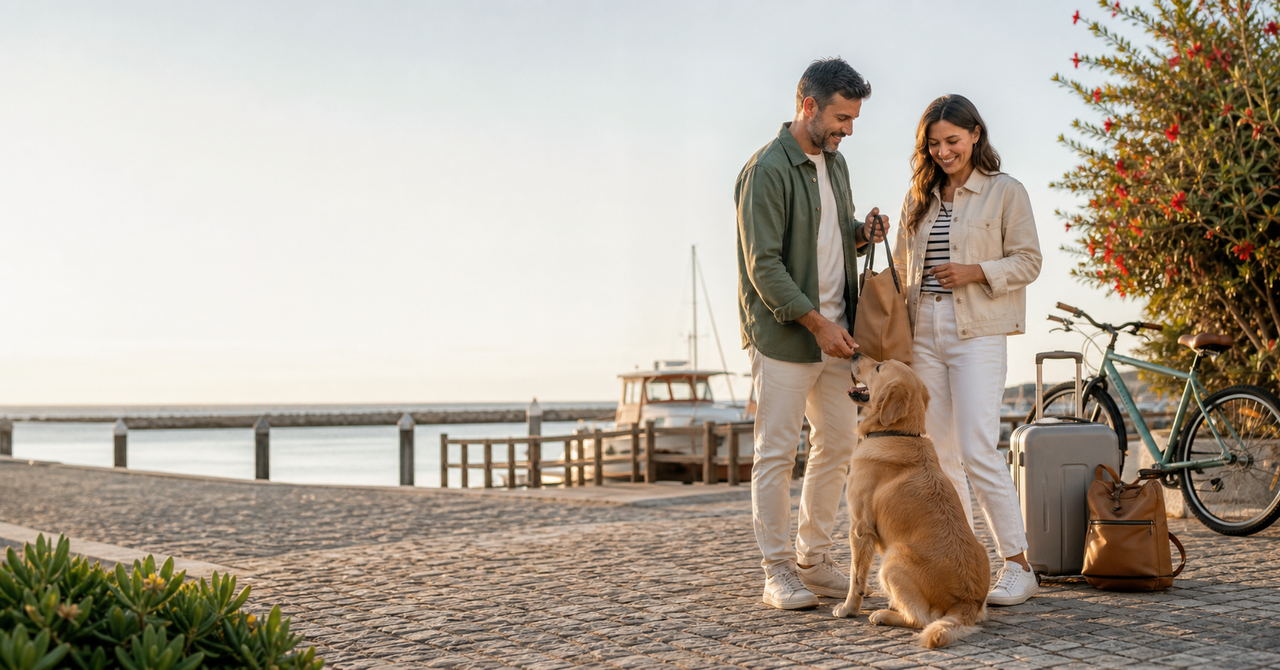 Casal com cão, bicicletas e bagagem junto a uma marina