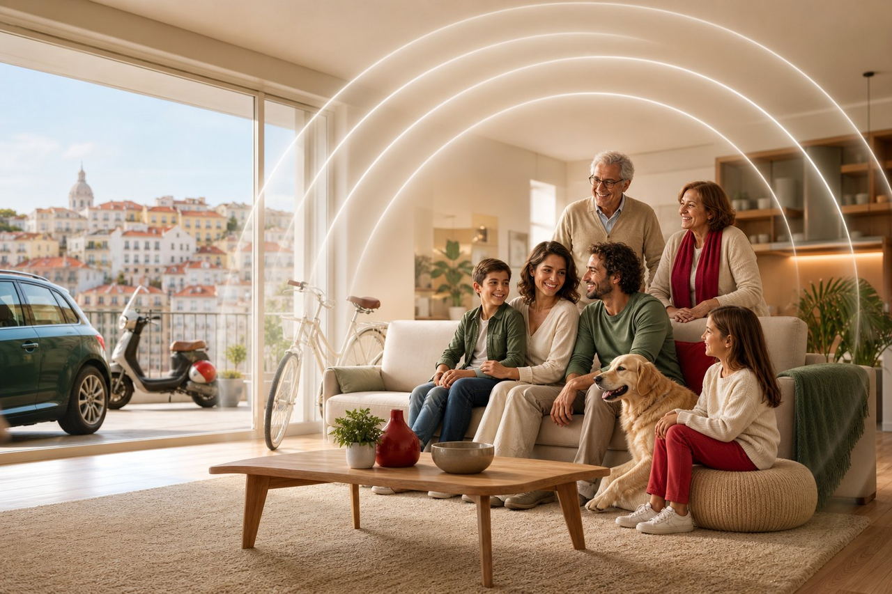 Família protegida por várias soluções de seguros