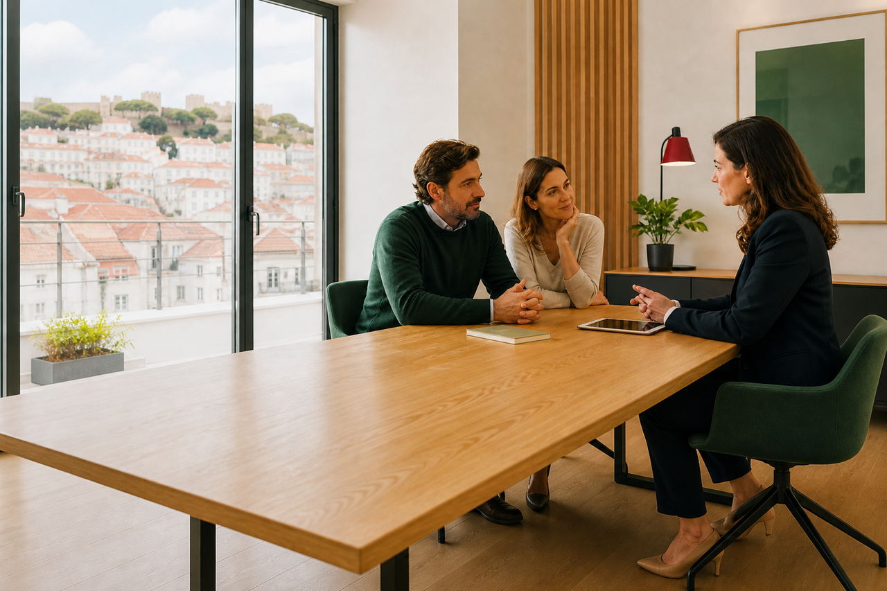 Casal numa reunião de aconselhamento sobre seguros em Lisboa
