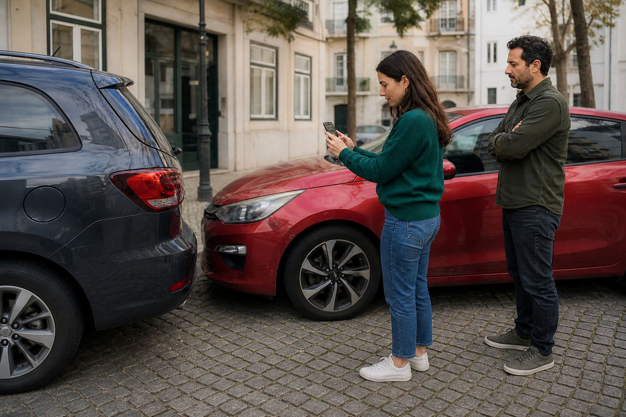 Condutora a fotografar os danos após um pequeno acidente automóvel em Lisboa