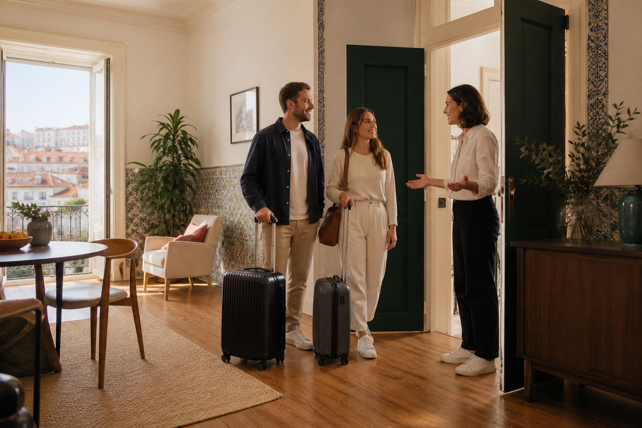 Anfitriã a receber hóspedes num apartamento em Lisboa