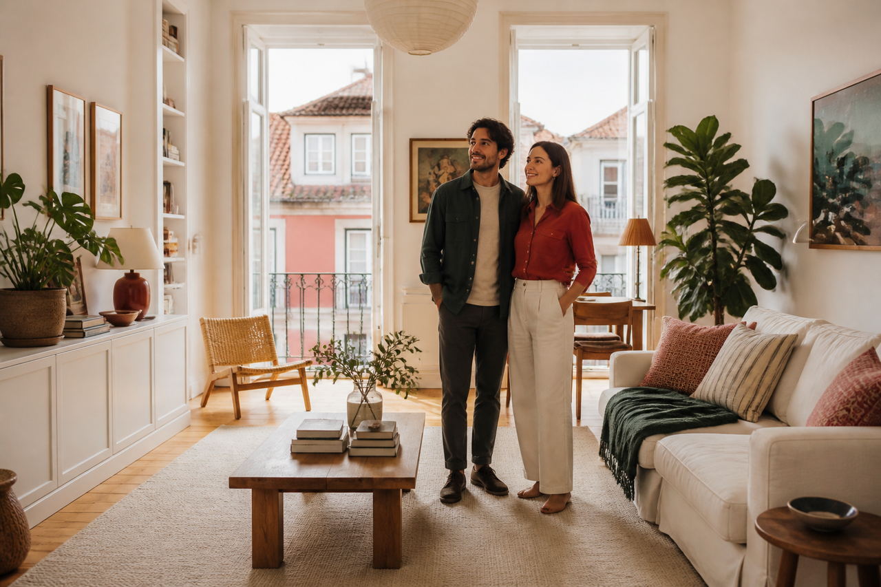 Casal numa casa luminosa em Lisboa