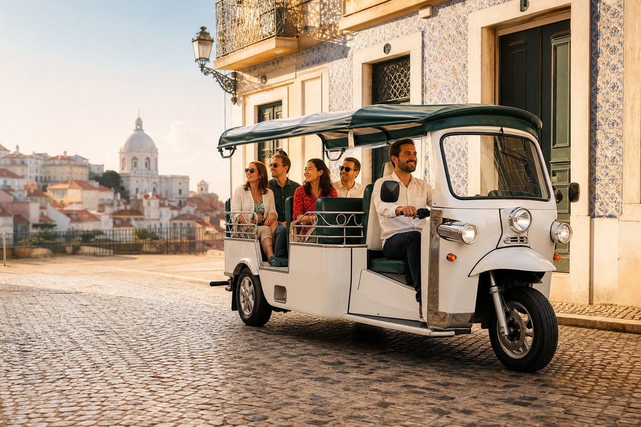 Operador de Tuk-Tuk a realizar um passeio turístico em Lisboa